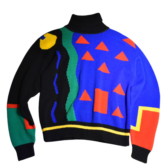 Vintage Sweaters - Vintage 80s Colorful Geometric Turtle Acrylic Neck Sweater Size Small